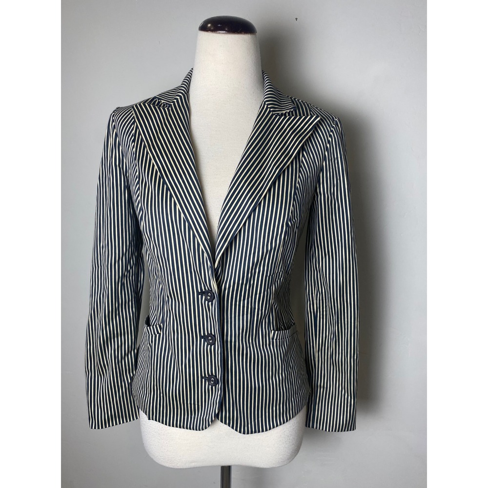 Betsey Johnson New York Striped Blazer Navy Blue Cream Y2K Nautical Size 4